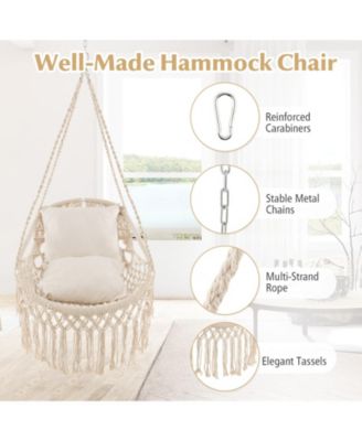 Hanging Hammock Chair with Soft Seat Cushions and Sturdy Rope Chain-Beige