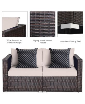 2PCS Rattan Corner Sofa Set Patio Outdoor Furniture Set w/ 4 Beige Cushions