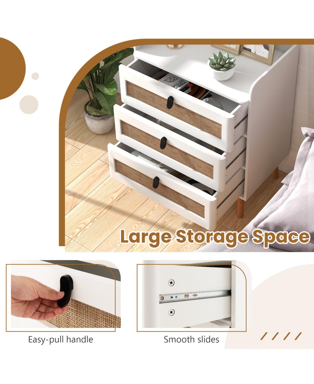 Sugift Modern End Table with 3 Rattan Decorated Drawers