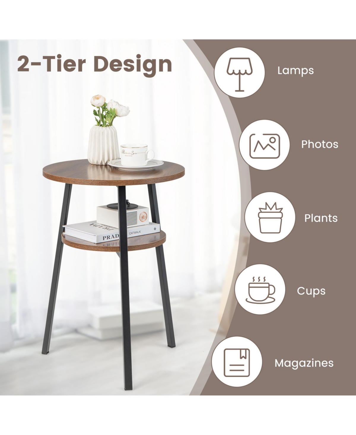 Slickblue 2-Tier Round End Table with Open Shelf and Triangular Metal Frame