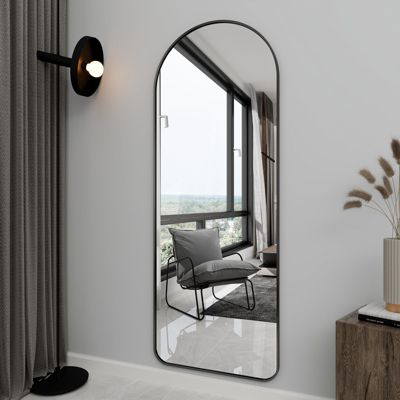 64"x21" Arched Full-Length Mirror with Black Aluminum Alloy Frame, Rounded Corners, Standing, Hanging, Leaning