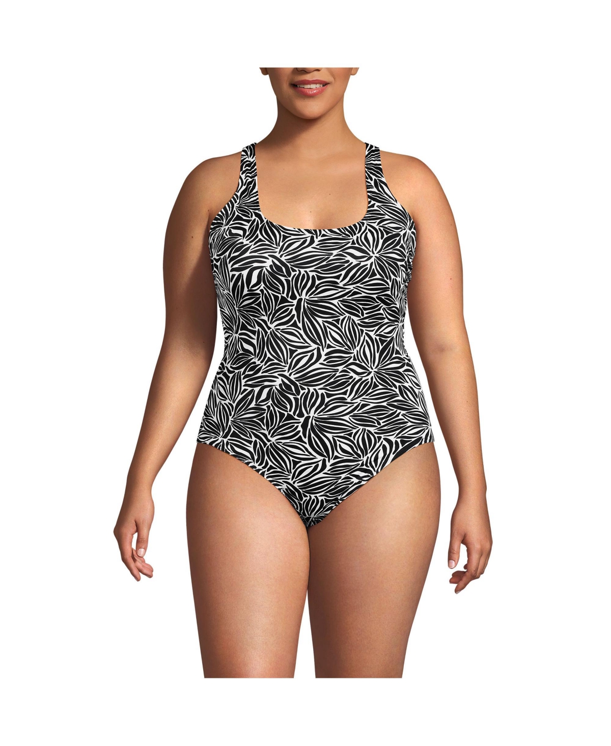 Plus Size Chlorine Resistant X-Back High Leg Soft Cup Tugless Sporty One Piece - Black/white abstract floral