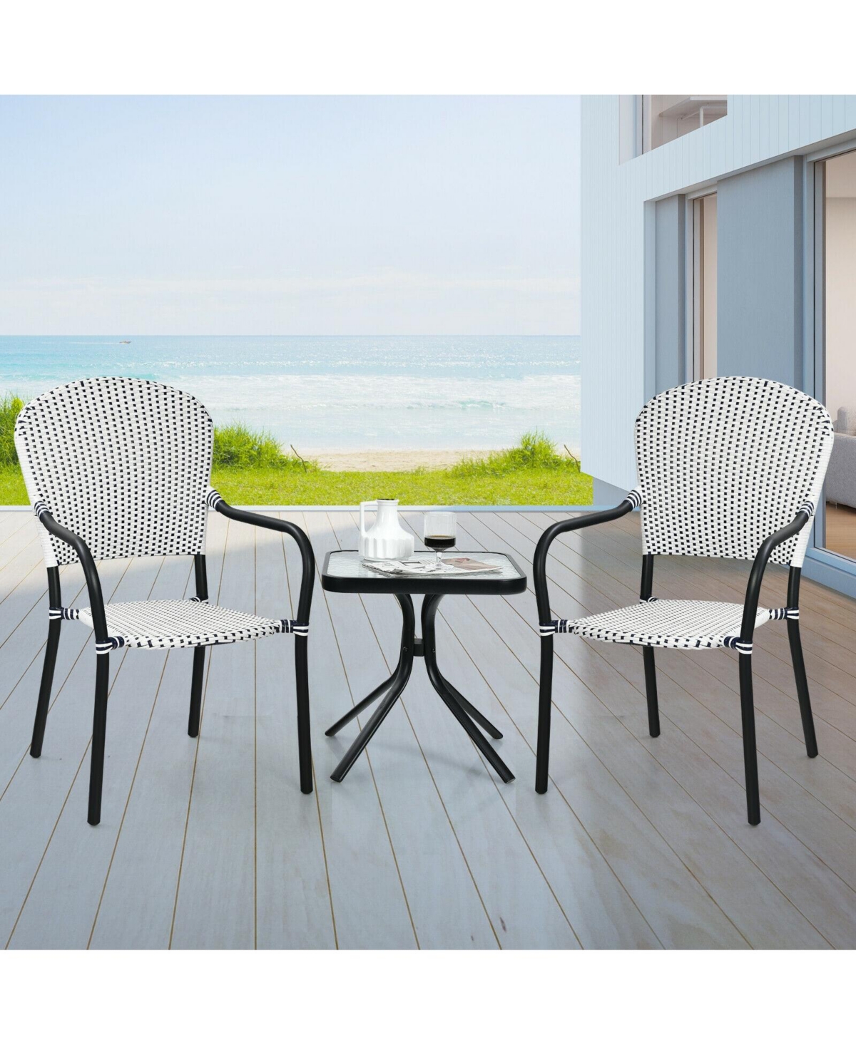 Slickblue Set of 4 Patio Rattan Stackable Dining Chair with Armrest for Garden-White