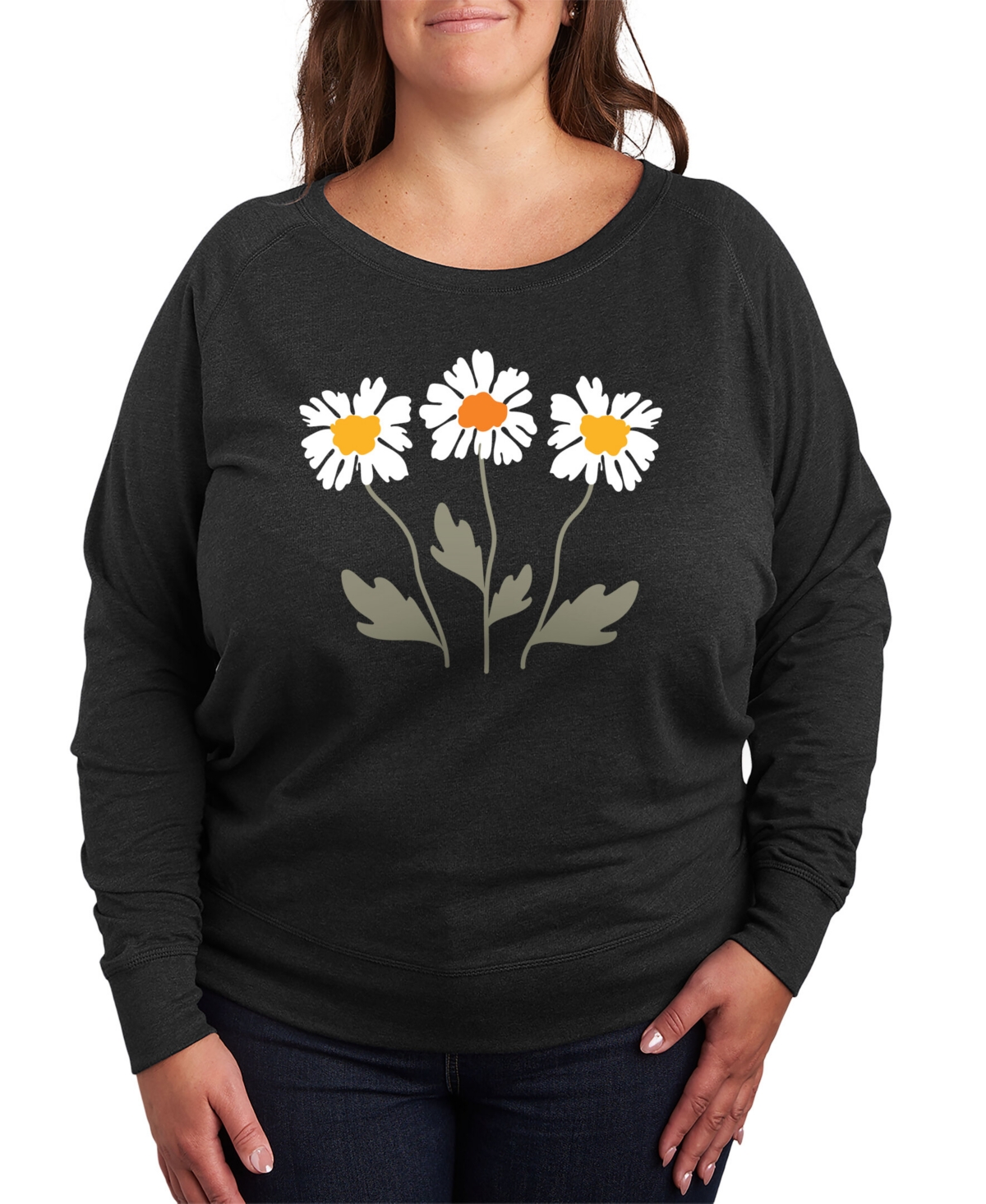 Hybrid Apparel Retro Daisies Plus Size Graphic Pullover In Heather Indigo