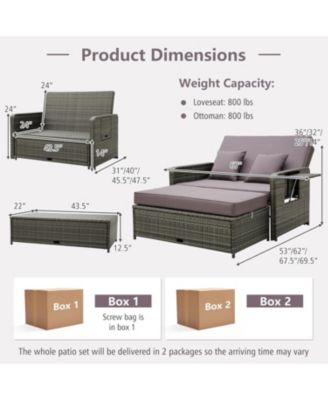 Wicker Loveseat Sofa with Multipurpose Ottoman and Retractable Side Tray