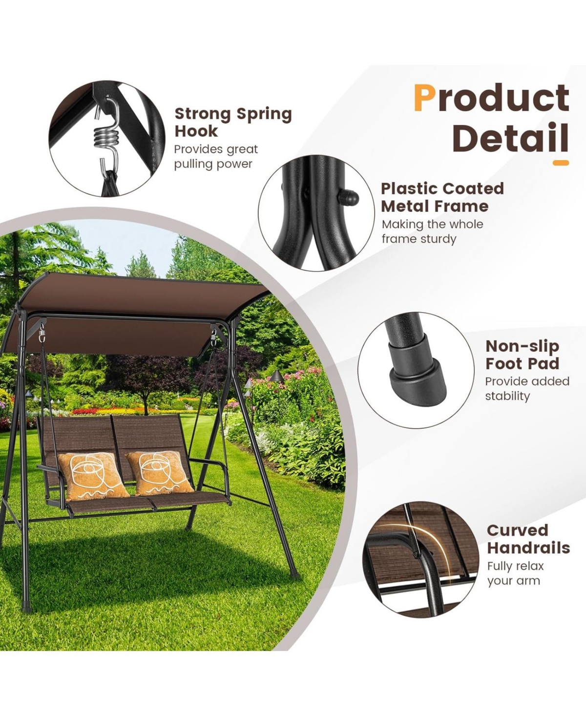 Sugift 2 Person Porch Swing with Adjustable Canopy and Padded Seat