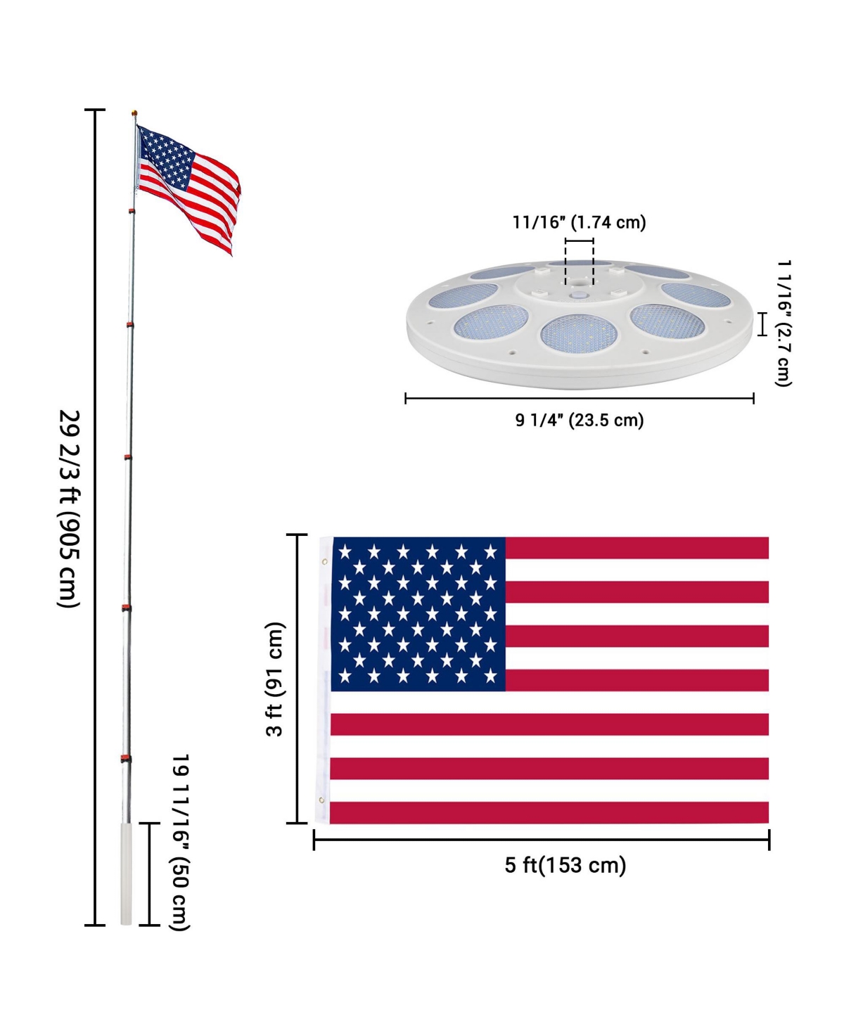 Yescom 30 Ft Telescopic Aluminum Flag Pole Kit with 136 Led Solar Light Us Flag Outdoor