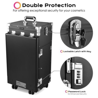 Aluminum Rolling Makeup Train Case with Table Salon Nail Trolley Cosmetic Organizer Black