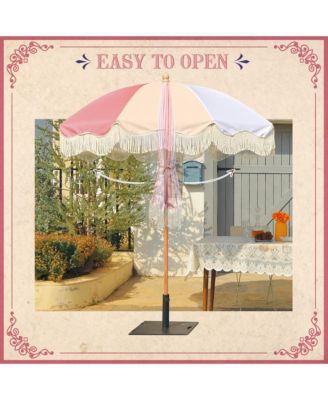 6Ft Fringe Patio Umbrella with Tassels & Carry Bag 50 / 60s Vintage Style Umbrella Wood Pink,Model: PS6-12