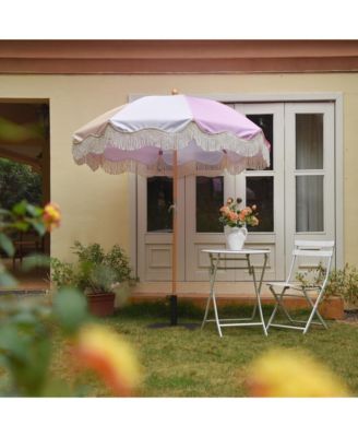 6Ft Fringe Patio Umbrella with Tassels & Carry Bag 50 / 60s Vintage Style Umbrella Wood Pink,Model: PS6-12