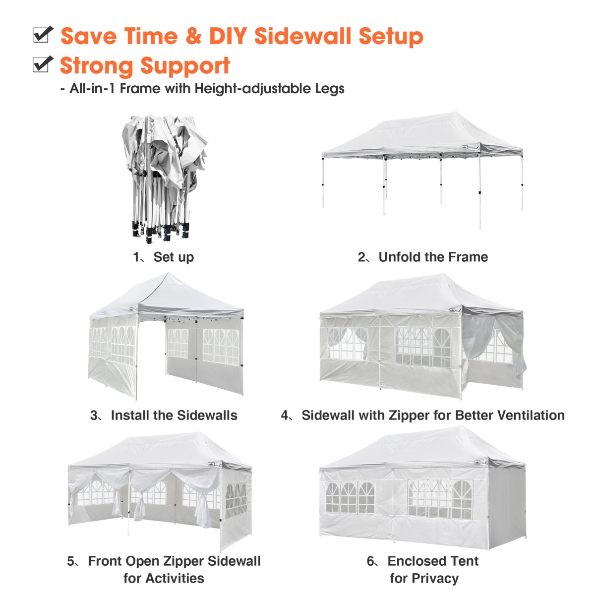 10x20FT Canopy Wedding Party Tent Pop Up Folding Gazebo Outdoor w/ 4 Sidewalls & Bag- White