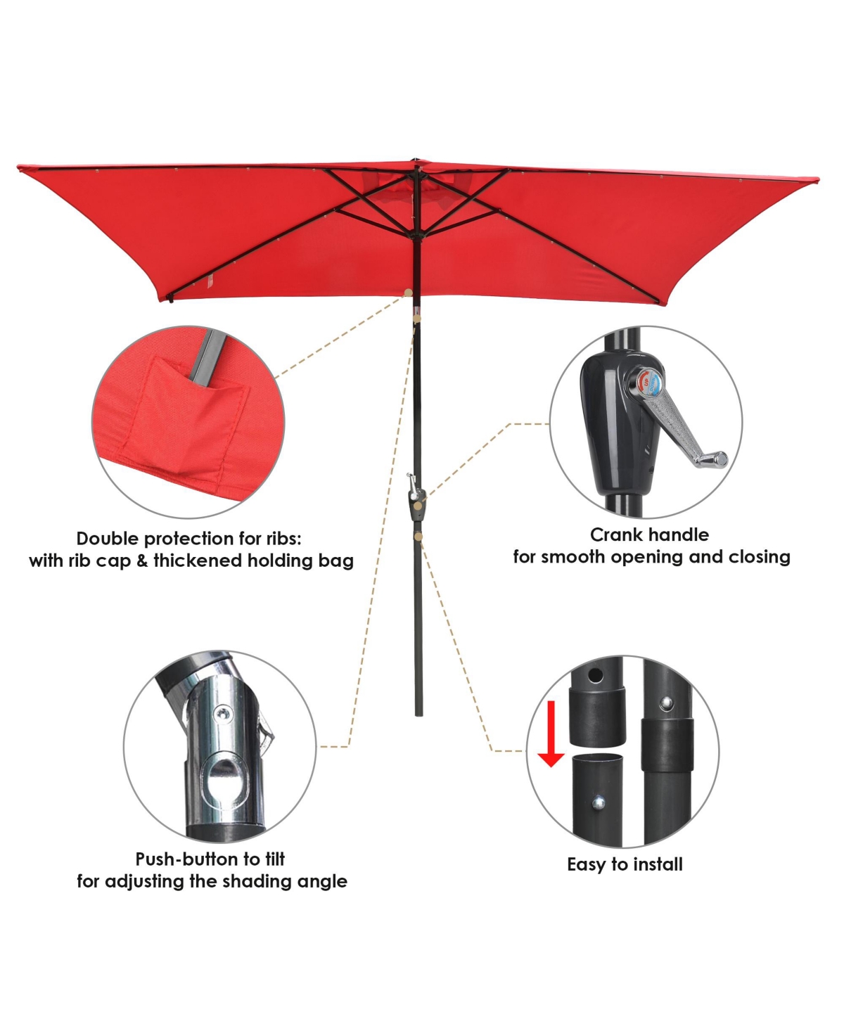 Yescom 10x6.5FT Rectangle Outdoor Solar Led Patio Umbrella with Crank Tilt for Table Market Yard Deck Pool Party Red