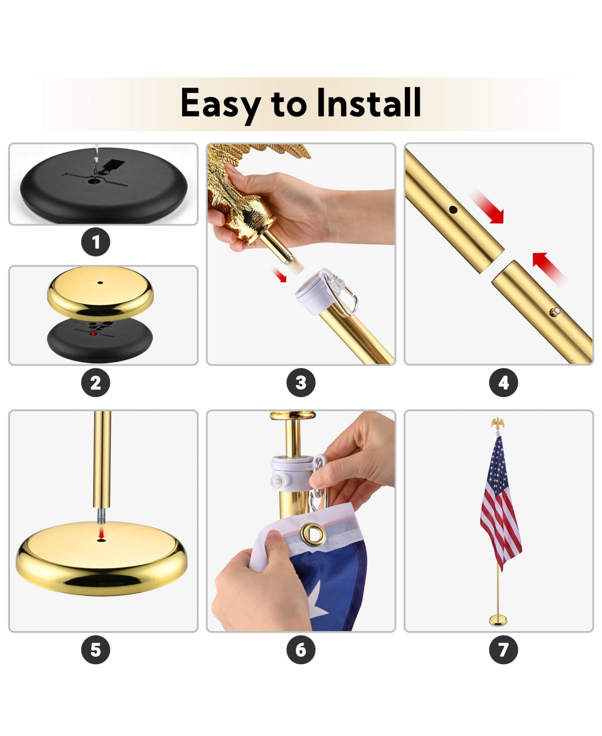 Yescom 8FT Sectional Indoor Flag Pole Kit Eagle Topper AluminumPole & 3x5Ft Us Flag with Base Stand Office Hall - Gold
