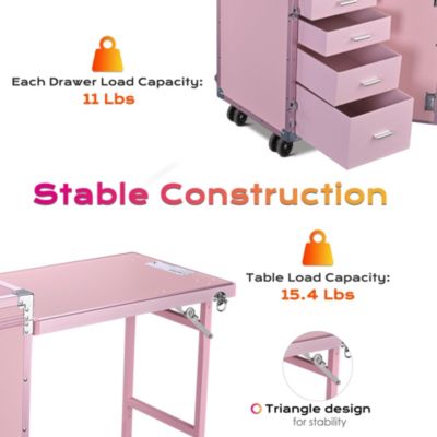 Aluminum Rolling Makeup Train Case with Table Salon Nail Trolley Cosmetic Organizer Black