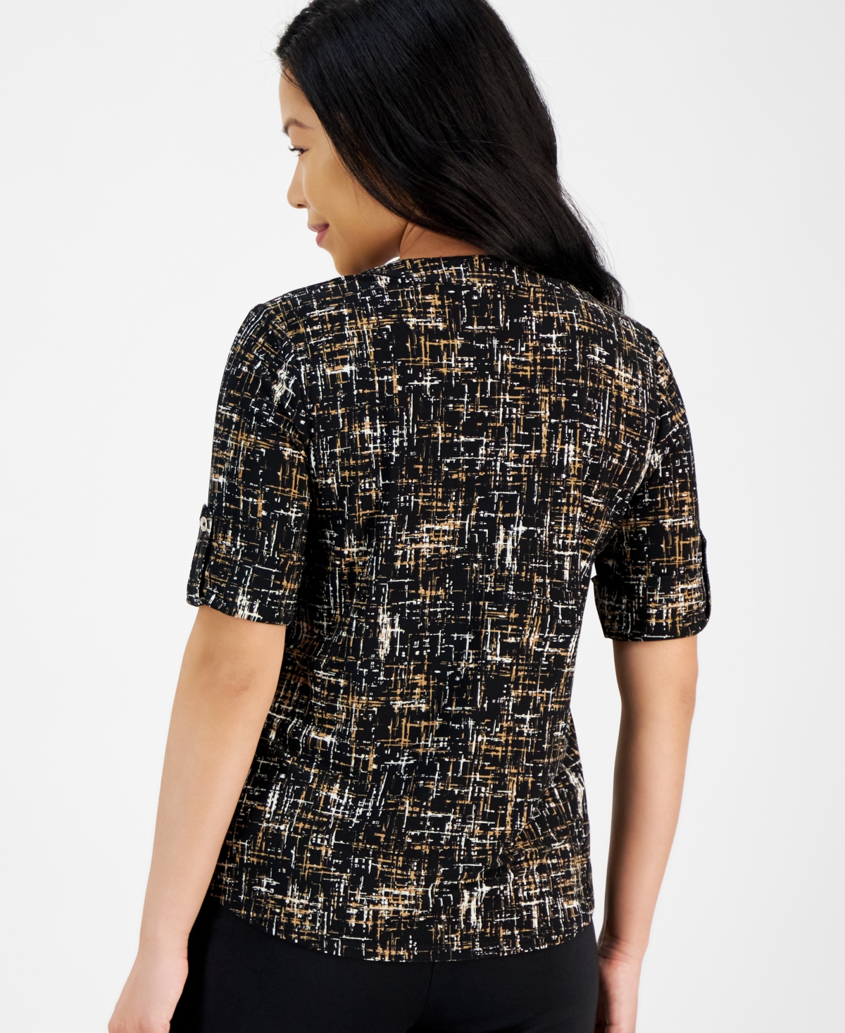 Ak Anne Klein Petite Printed Split-Neck Roll-Tab-Sleeve Top -v