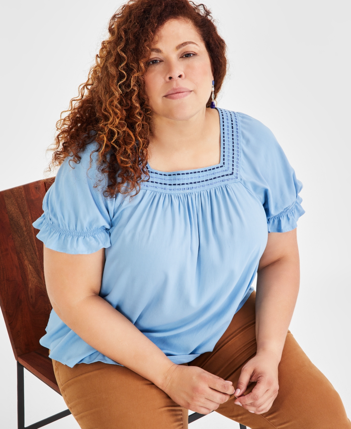 Style & Co Plus Size Puff-Sleeve Crochet-Trim Top, Created for Macy's