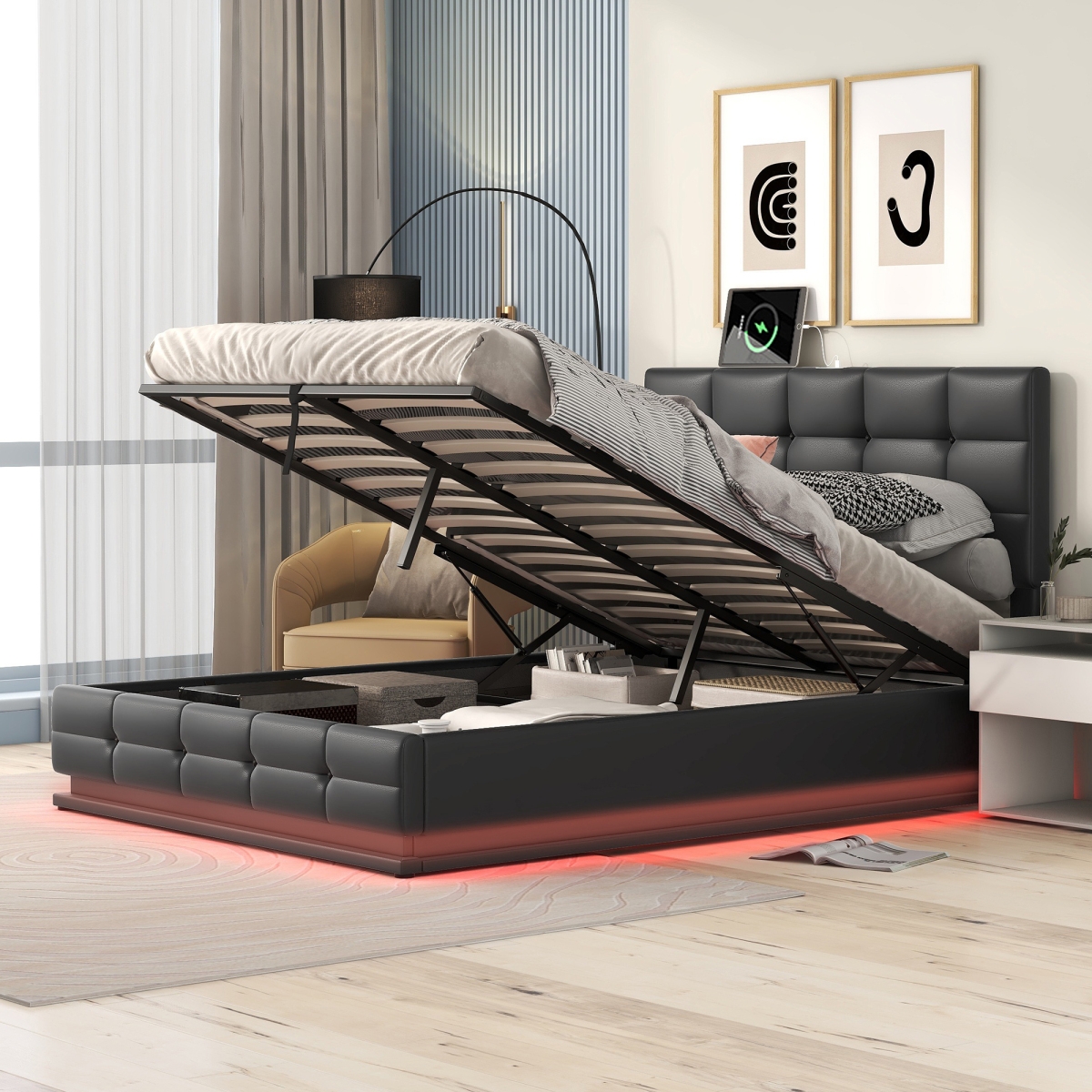 Streamdale Furniture Full Size Tufted Upholstered Platform Bed With Hydraulic Storage System, Pu Storage Bed
