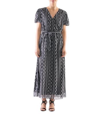 Robbie Bee - Women's Printed V-Neck Puff-Sleeve Maxi Dress