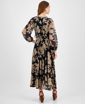 Women's Floral Chiffon V-Neck Pleated Dress