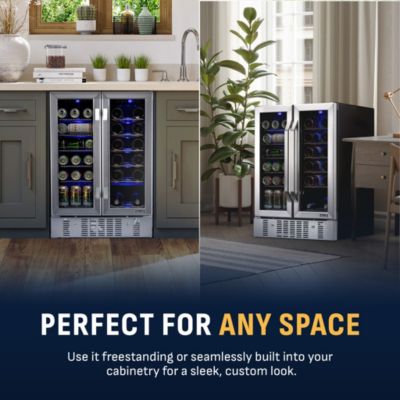 24" Built-in Dual Zone 18 Bottle and 58 Can Wine and Beverage Fridge in Stainless Steel with French Doors and Chrome Shelves