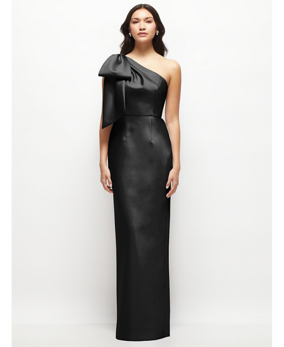 Women's Oversized Bow One-Shoulder Satin Column Maxi Dress - Black