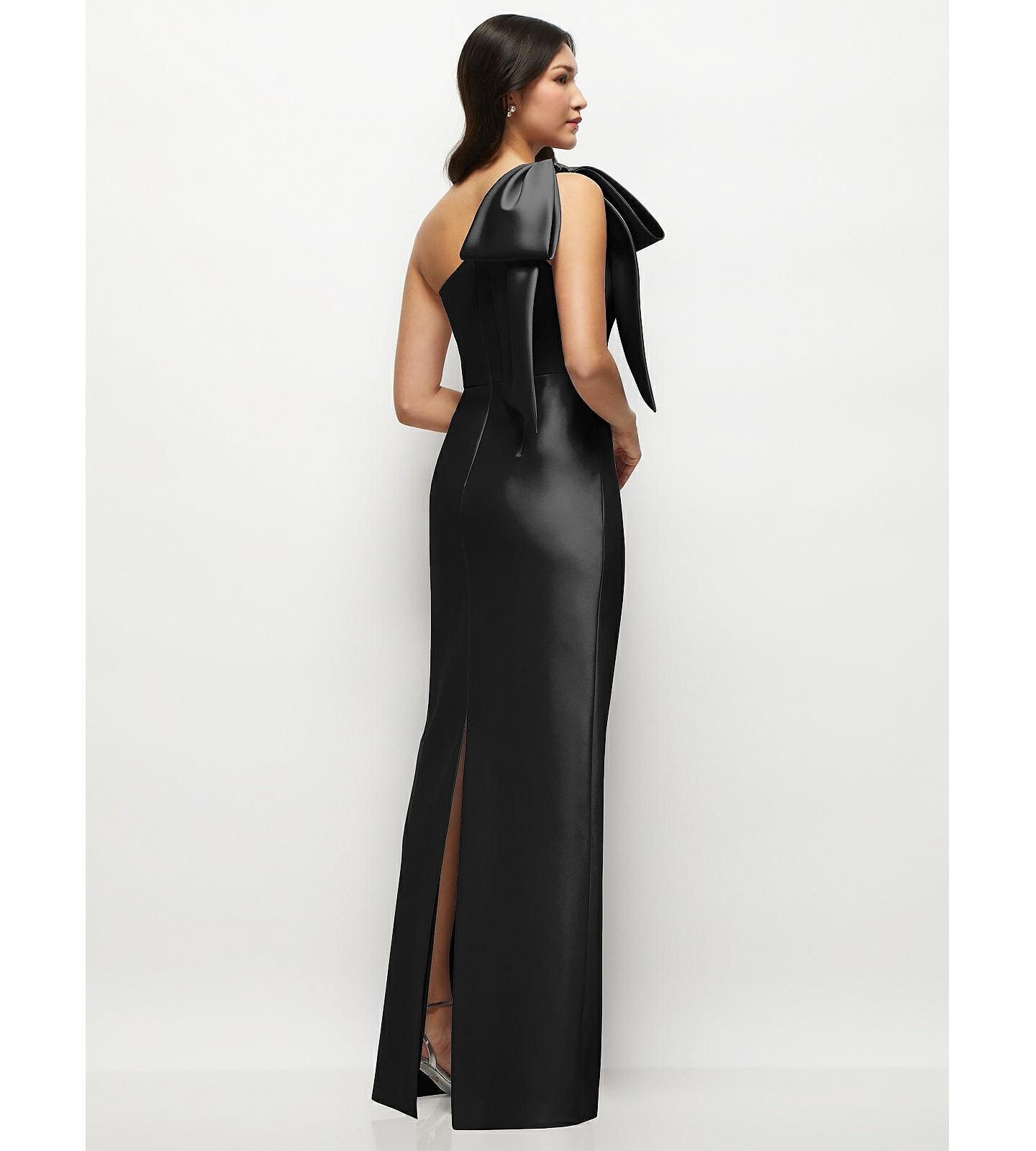Женское платье Alfred Sung Oversized Bow One-Shoulder Satin Column Maxi, цвет: Чёрный — фото 2