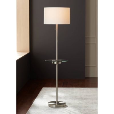 Caper Modern Floor Lamp with Tray Table 60 1/2" Tall Brushed Nickel USB and AC Power Outlet Off White Fabric Drum Shade for Living Room