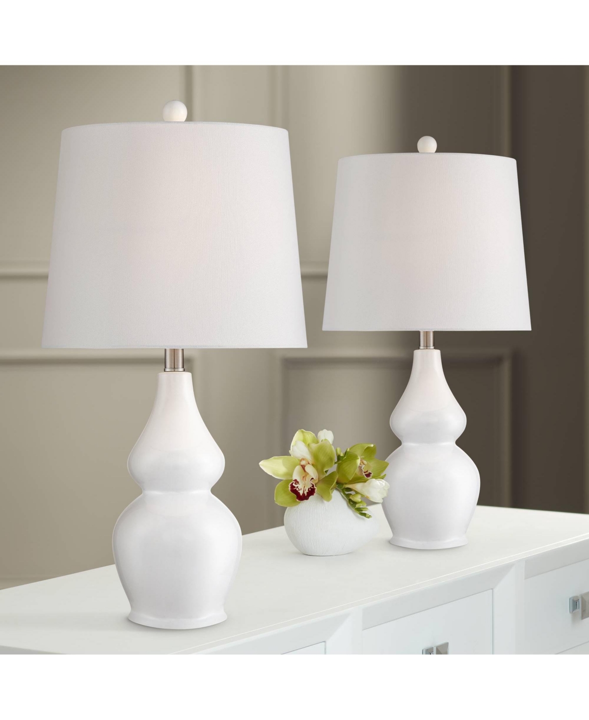Jane Modern Table Lamps Tall Set of 2Ceramic Double Gourd Fabric Tapered Drum Shade Decor for Bedroom Living Room House Home Bedside Nights