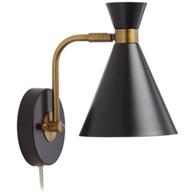 Venice Mid Century Modern Wall Lamp Matte Black Brass Plug-in 6 1/4" Light Fixture Adjustable Metal Cone Shade for Bedroom Living Room