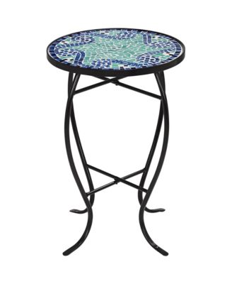 Black Round Outdoor Accent Side Tables 14" Wide Set of 2 Blue Wave Mosaic Tabletop Front Porch Patio Home House