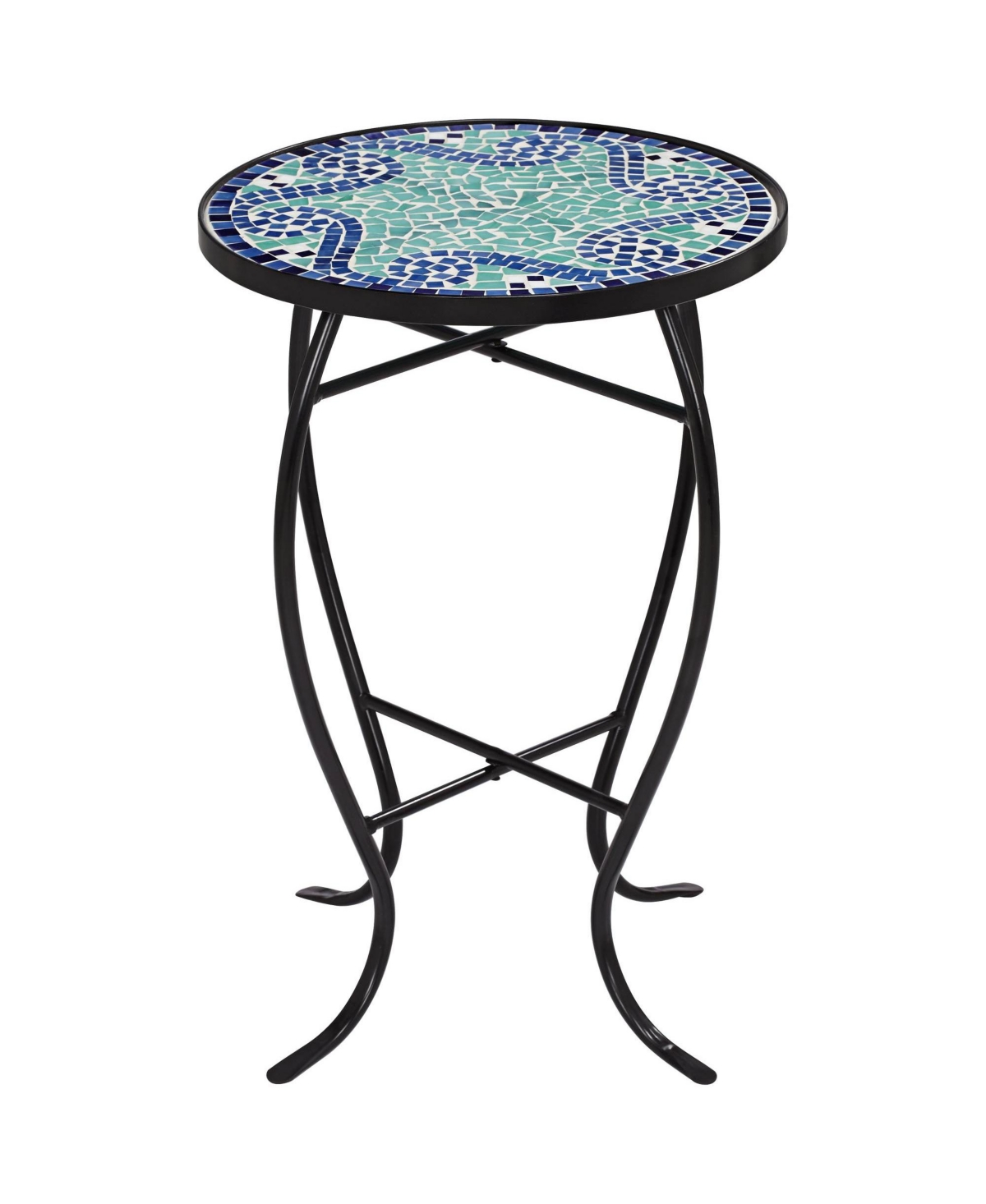 Ocean Wave Black Metal Round Outdoor Accent Side Tables Wide Set of 2Mosaic Tile Tabletop Gracefully Curved Legs for Spaces Porch Patio Home