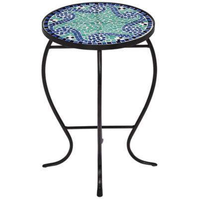 Black Round Outdoor Accent Side Tables 14" Wide Set of 2 Blue Wave Mosaic Tabletop Front Porch Patio Home House