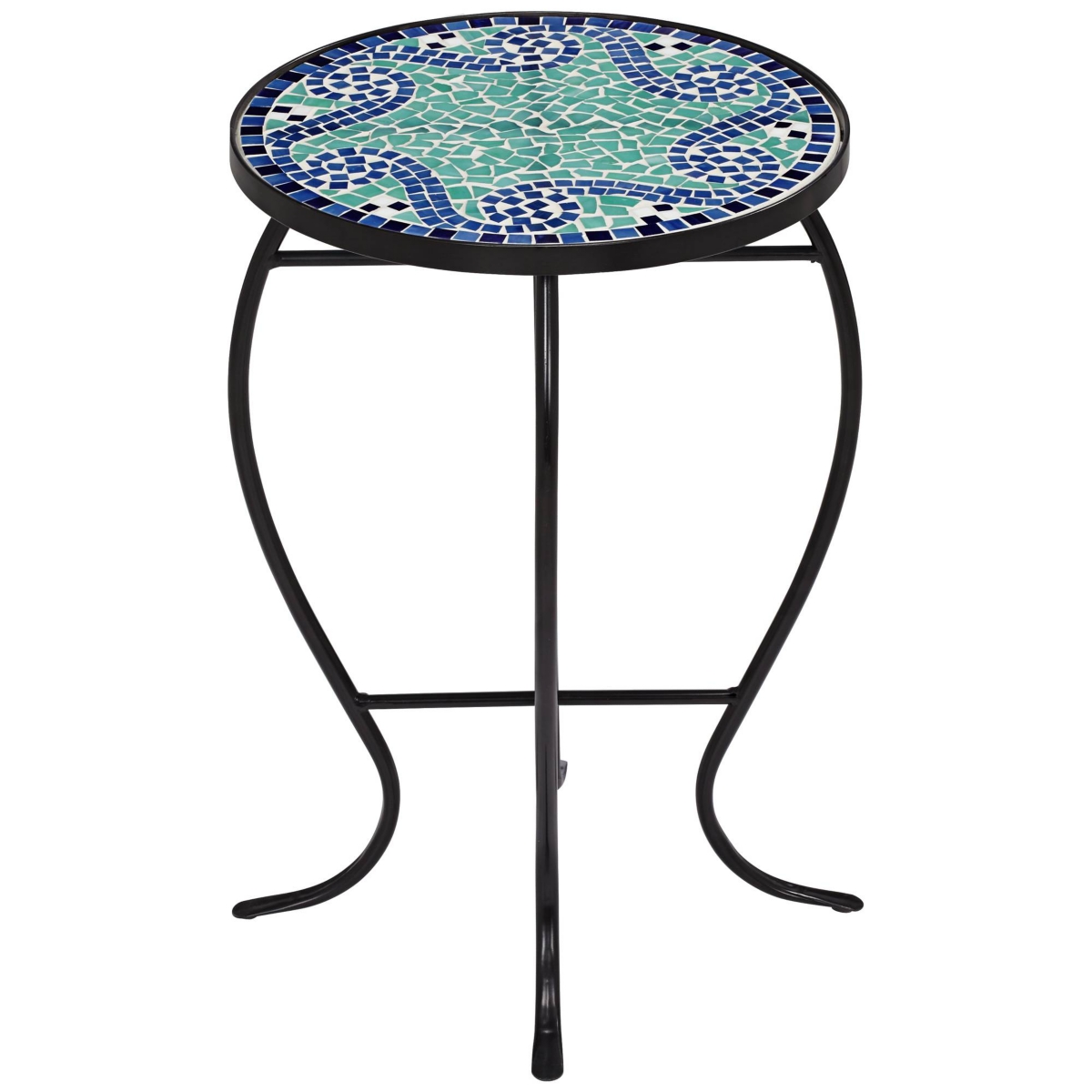 Ocean Wave Black Metal Round Outdoor Accent Side Tables Wide Set of 2Mosaic Tile Tabletop Gracefully Curved Legs for Spaces Porch Patio Home