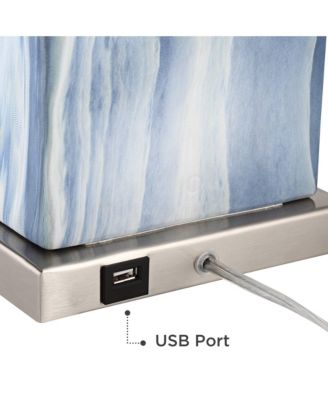 Connie Modern Table Lamps 25" High Set of 2 Blue Faux Marble with USB Charging Port White Rectangular Shade for Living Room Office Desk