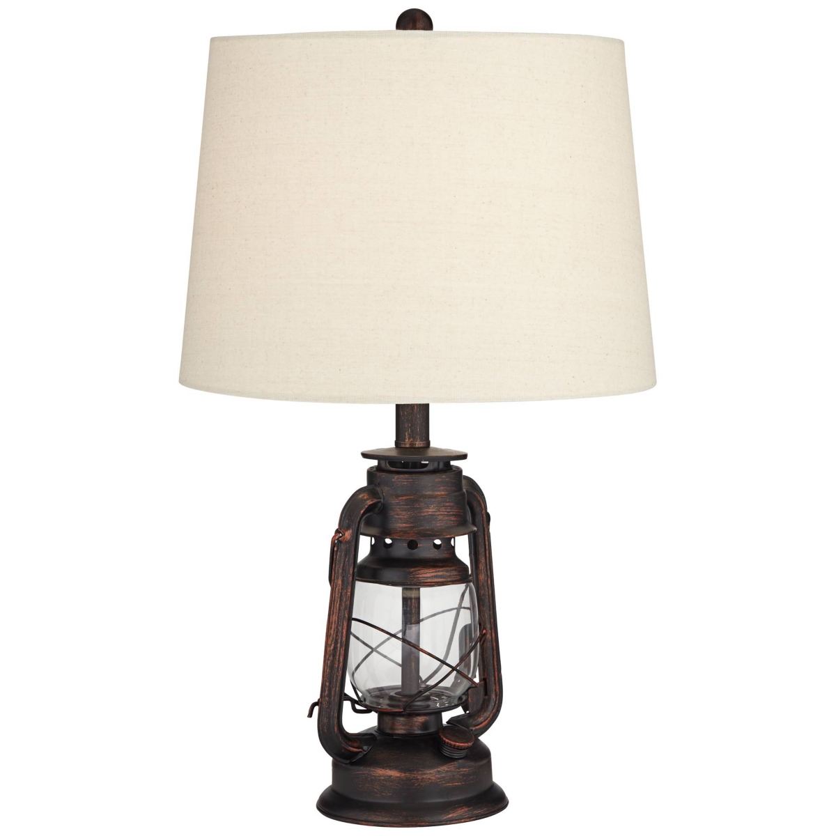 Murphy Rustic Industrial Accent Table Lamp Miner Lantern High Red Bronze Clear Glass Oatmeal Fabric Drum Shade for Living Room Bedroom House Bedsi