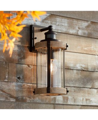 Stan Rustic Farmhouse Outdoor Wall Light Fixture Gray Faux Wood Black Motion Sensor 15 1/2" Clear Ribbed Glass for Post Exterior Barn