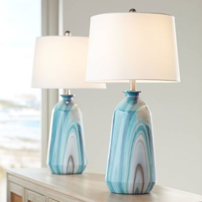 Carlton Modern Coastal Table Lamps 28" Tall Set of 2 Swirling Blue Faux Marble White Tapered Drum Shade for Bedroom Living Room Bedside