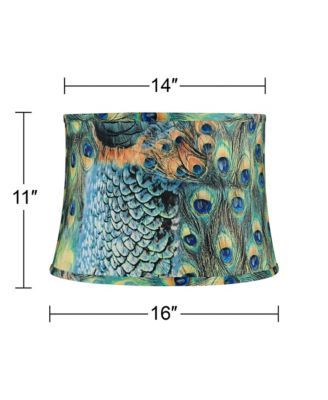 Peacock Print Medium Drum Lamp Shade 14" Top x 16" Bottom x 11" Slant (Spider) Replacement with Harp and Finial