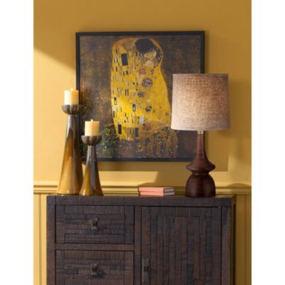 Mid Century Modern Table Lamp 24" High Walnut Faux Wood Brown Off White Linen Drum Shade for Bedroom Living Room House Bedside Office