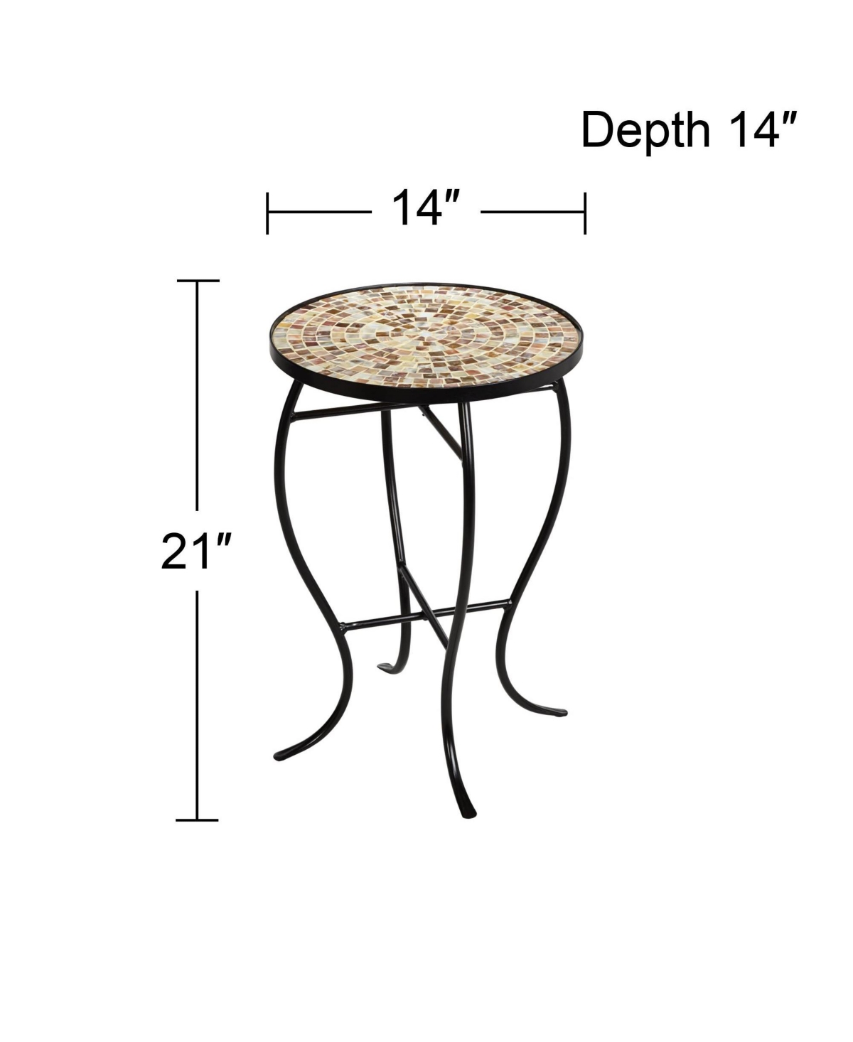 Mother of Pearl Modern Black Metal Round Outdoor Accent Side Table WideMosaic Tile Tabletop Gracefully Curved Legs for Spaces Porch Patio