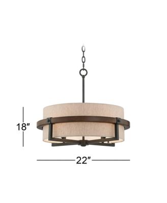 Castille Bronze Faux Wood Pendant Chandelier 22" Wide Farmhouse Rustic Tan Fabric Drum Shade 4-Light Fixture for Dining Room House Foyer Kitchen Island Entryway High Ceilings