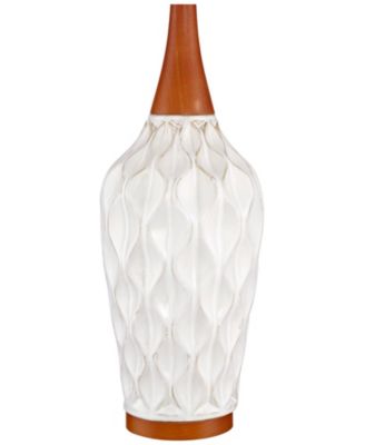 Rocco Mid Century Modern Table Lamp 30" Tall White Wave Geometric Ceramic Oak Wooden Neck Tan Fabric Drum Shade for Living Room Bedroom House Bedside Nightstand Home Office - 360 Lighting