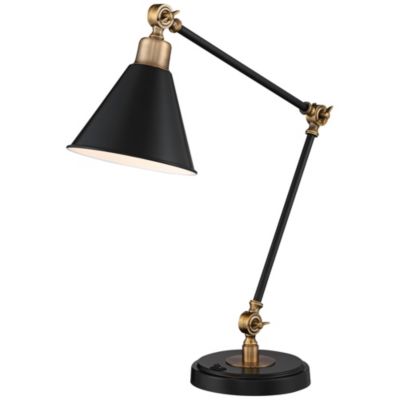 Modern Industrial Desk Table Lamp with USB Charging Port Adjustable 26.75" High Black Antique Brass for Bedroom Bedside Office