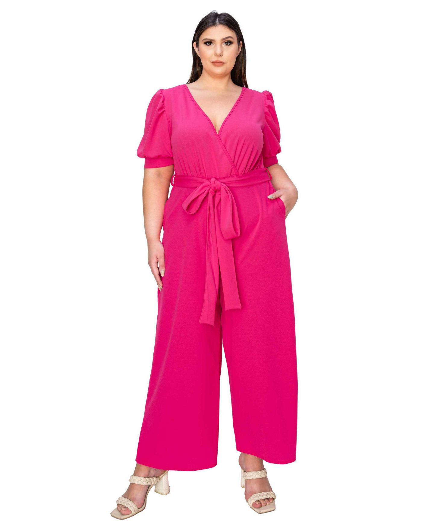 Женский комбинезон L I V D Plus Size Iris Surplice Belted Pocket Jumpsuit, цвет: Неоновый розовый — фото 1