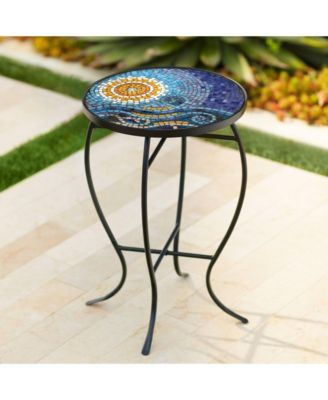 Modern Black Round Outdoor Accent Side Tables 14" Wide Set of 2 Blue Mosaic Tabletop for Front Porch Patio Home House