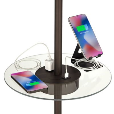 Caper Modern Floor Lamp with Tray Table 60 1/2" Tall Bronze USB and AC Power Outlet Off White Fabric Drum Shade for Living Room Office