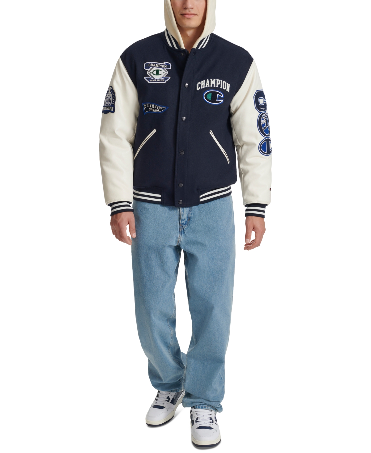 Champion Men's Logo-Patch Mixed-Media Varsity Jacket -White
