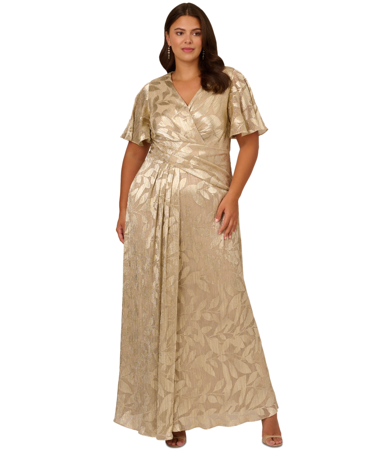 Plus Size Foil Leaf Flutter-Sleeve Draped Gown - Champagne Gold