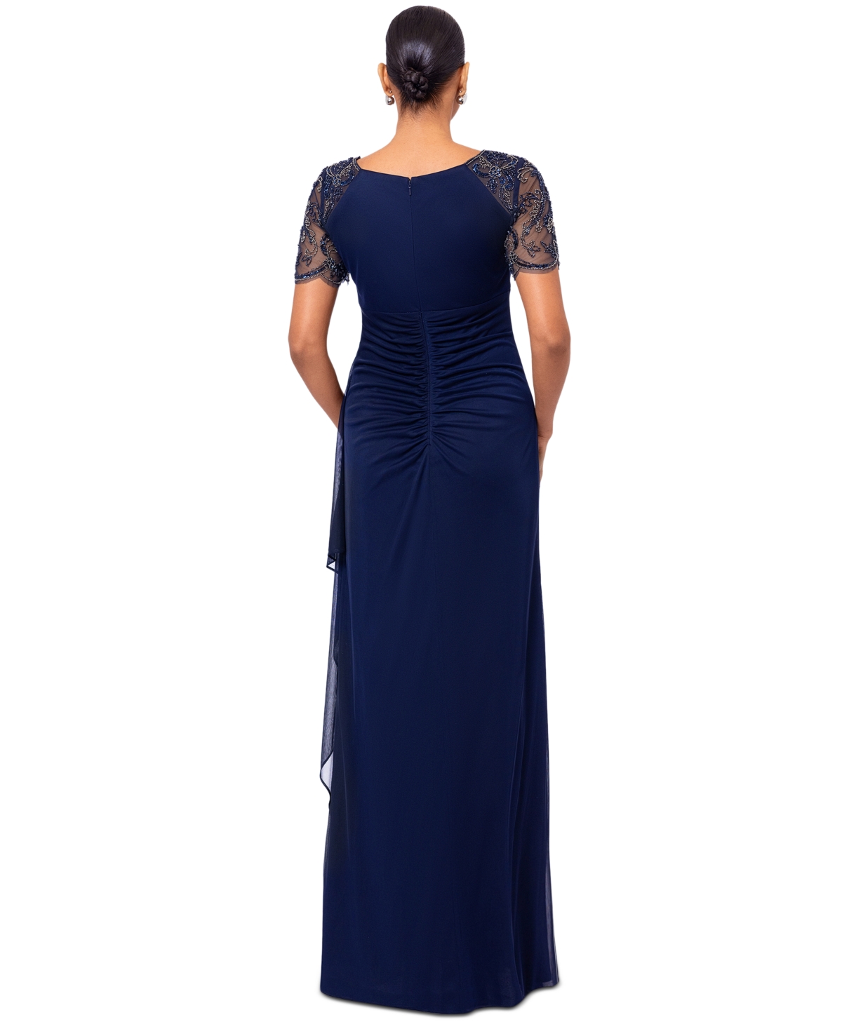 Xscape Petite Beaded Scallop-Sleeve Cascading Dress