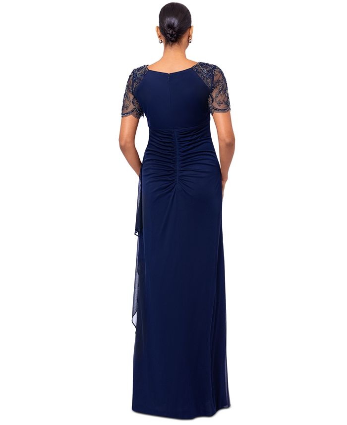 XSCAPE Petite Beaded Scallop-Sleeve Cascading Dress - Macy's